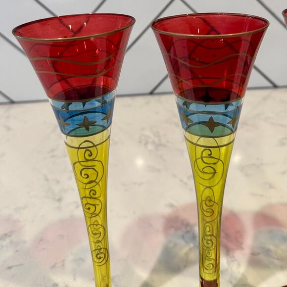 Pier 1 Fluted Champagne Glasses Set Red Blue Yellow Gold Swirls star Stemware x4 - Picture 5 of 8